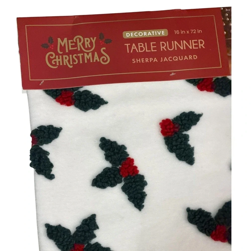 Merry Christmas Sherpa Jacquard Table Runner 16x72 Holly Berry White Red Green